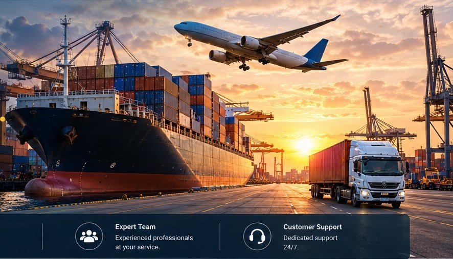 Cargo ship, aircraft and freight transport at an international port